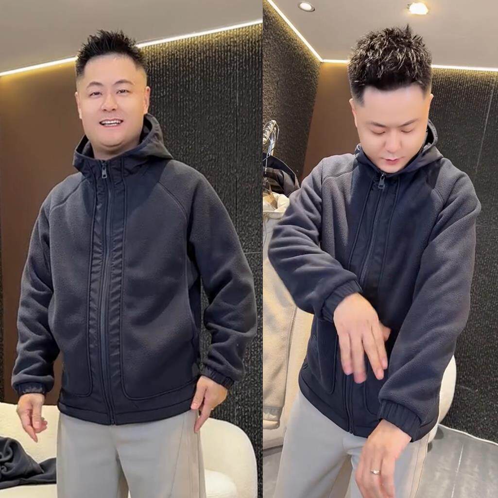 秋冬款男士加厚摇粒绒拼接连帽外套防风保暖宽松休闲百搭棉衣夹克