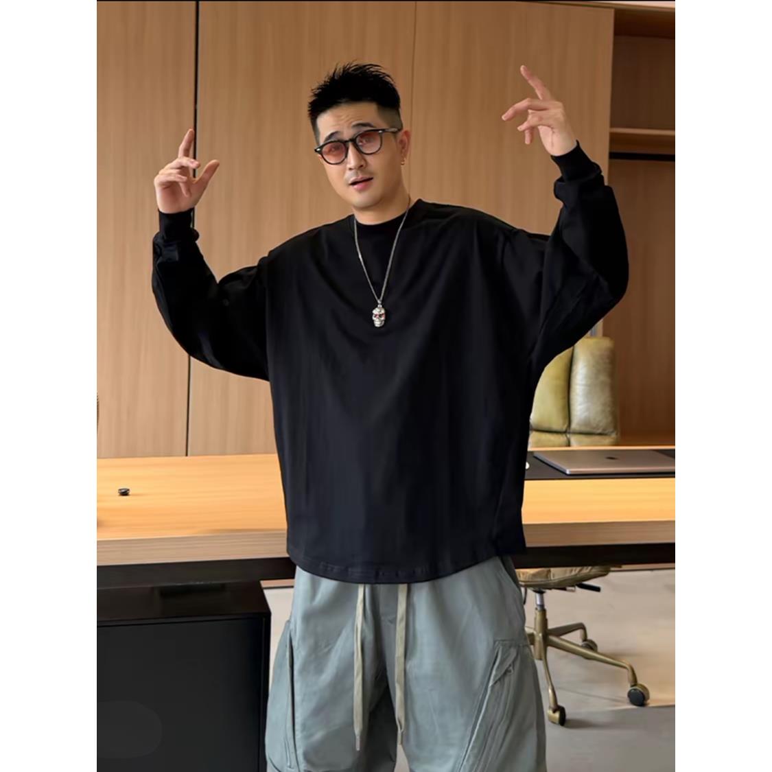 秋季男士简约时尚重磅蝙蝠袖圆领长袖T恤宽松休闲百搭打底衫上衣
