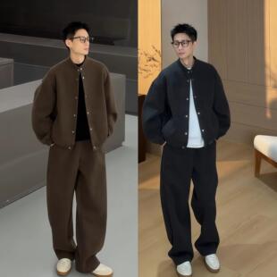 秋冬款男士老钱风毛呢混纺时尚休闲套装立领夹克外套休闲裤两件套