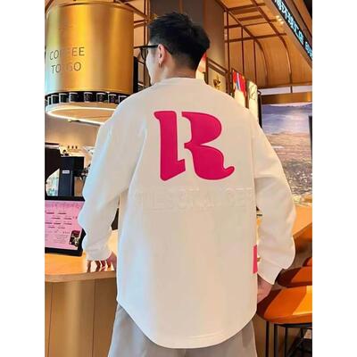 春秋潮牌美式字母植绒贴布休闲卫衣男高级宽松百搭燕尾长袖打底衫