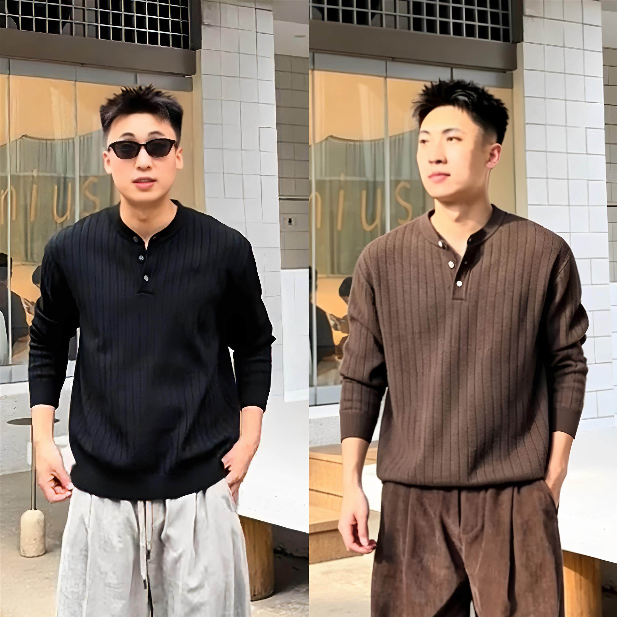 秋季新款肌理感亨利领针织衫男老钱风慵懒风休闲百搭内搭薄款毛衣