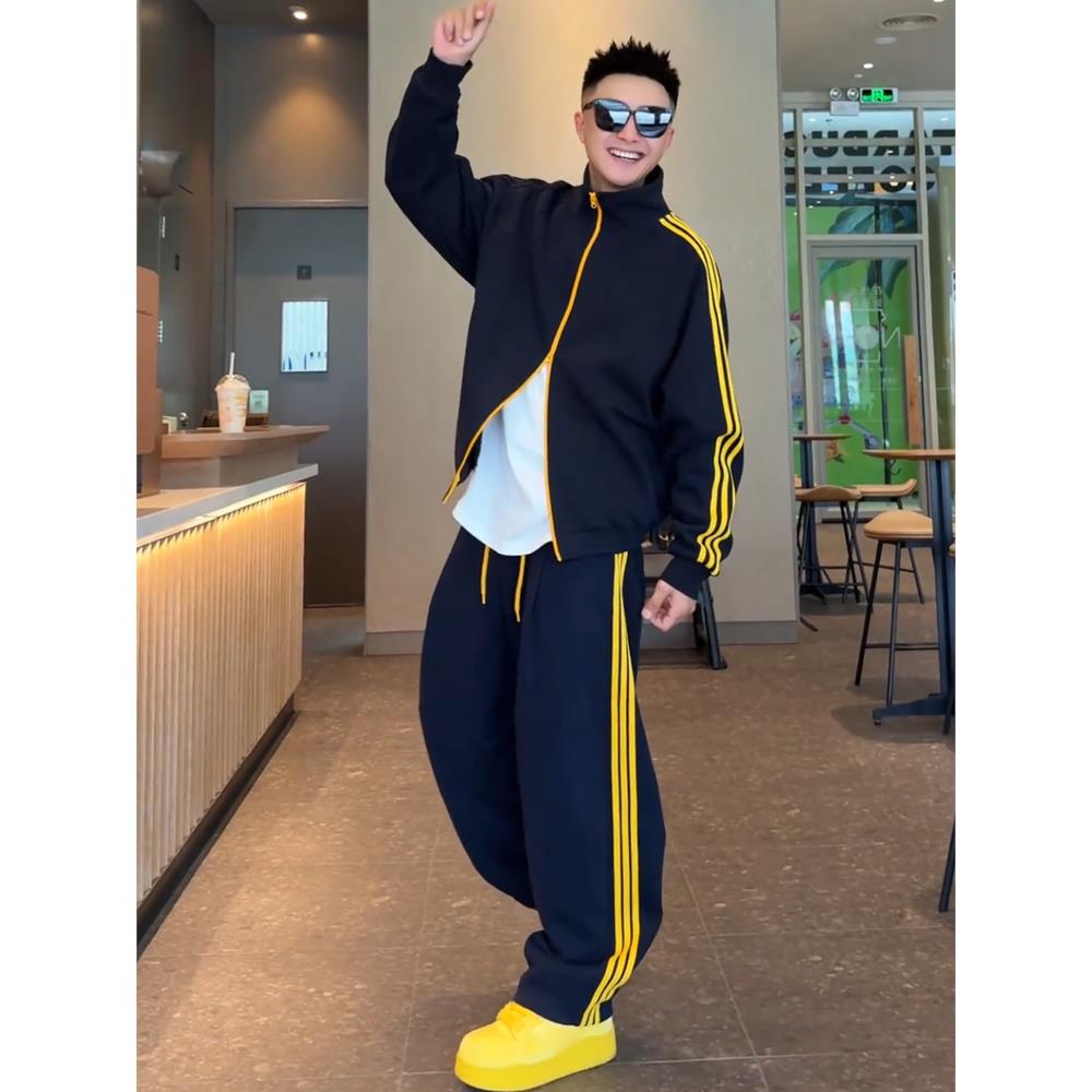 秋季男士美式撞色三道杠休闲运动套装情侣款立领外套休闲裤两件套