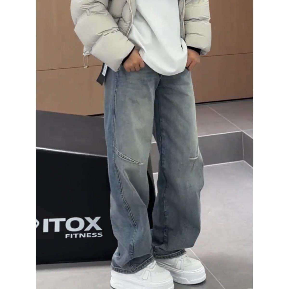 秋冬款男士美式复古水洗做旧加厚弯刀牛仔裤立体裁剪阔腿休闲长裤