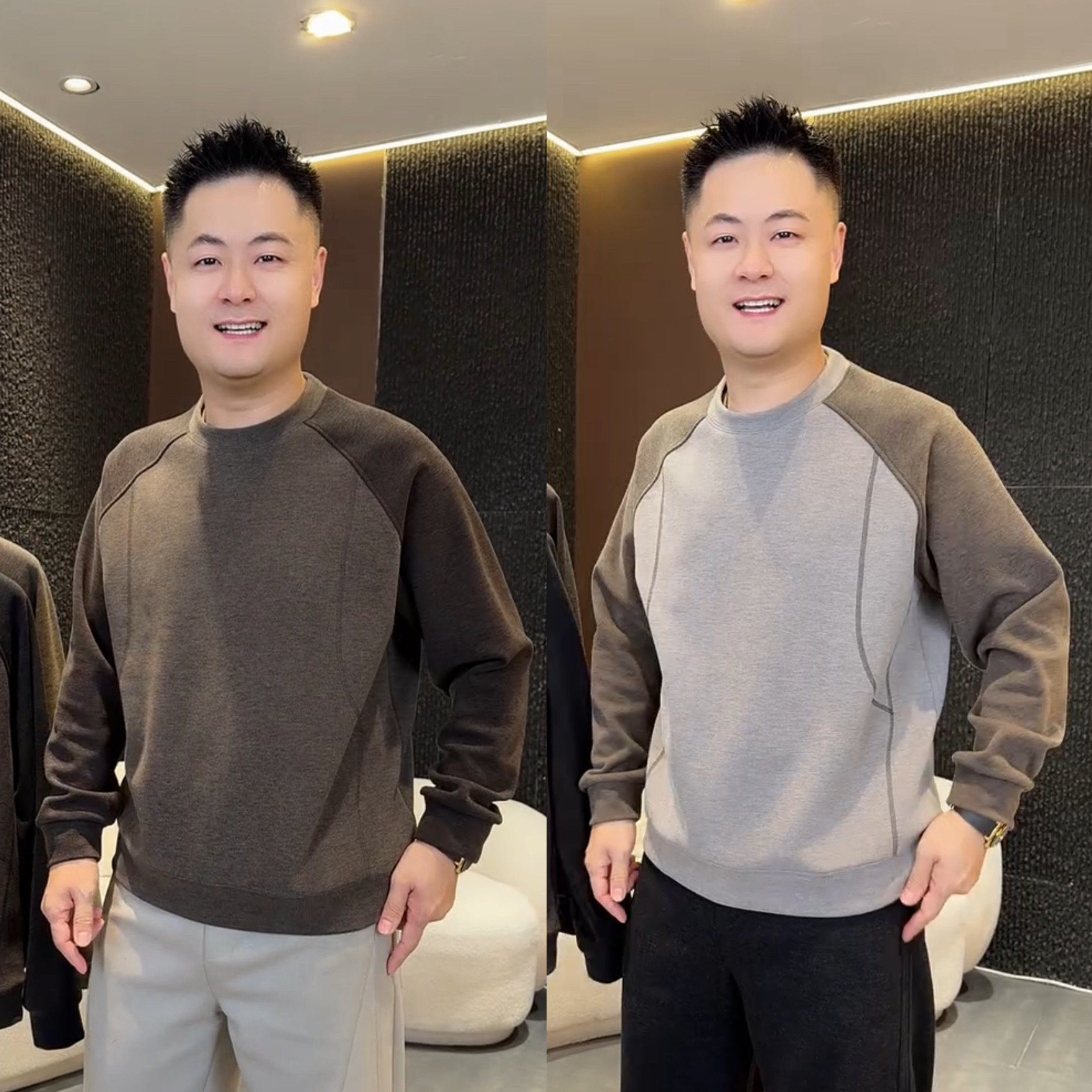 秋冬新款磨毛加绒加厚插肩圆领卫衣男简约高档撞色情侣保暖打底衫