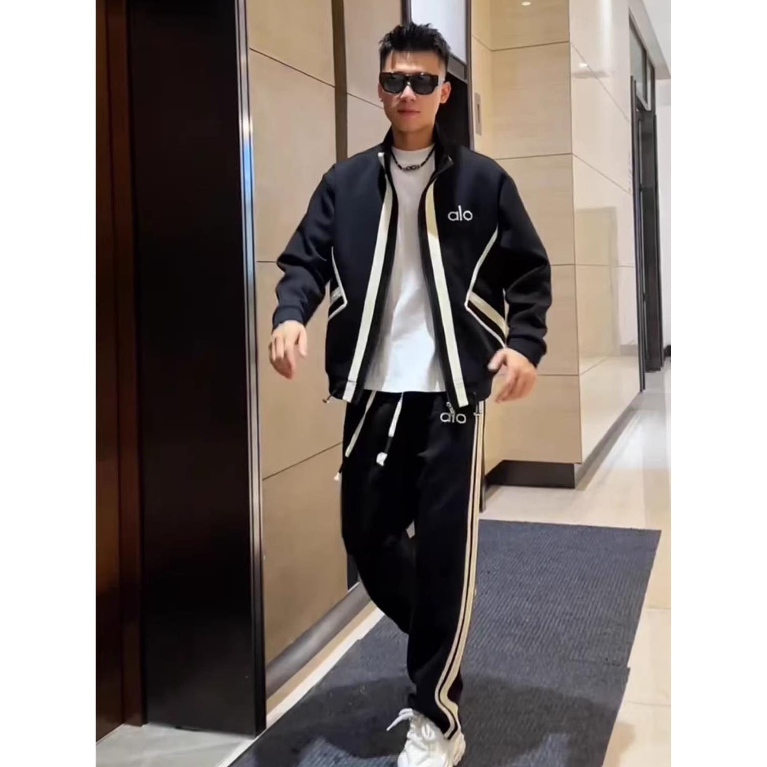 秋季新款男士潮牌时尚拼接休闲运动套装情侣开衫外套休闲裤两件套