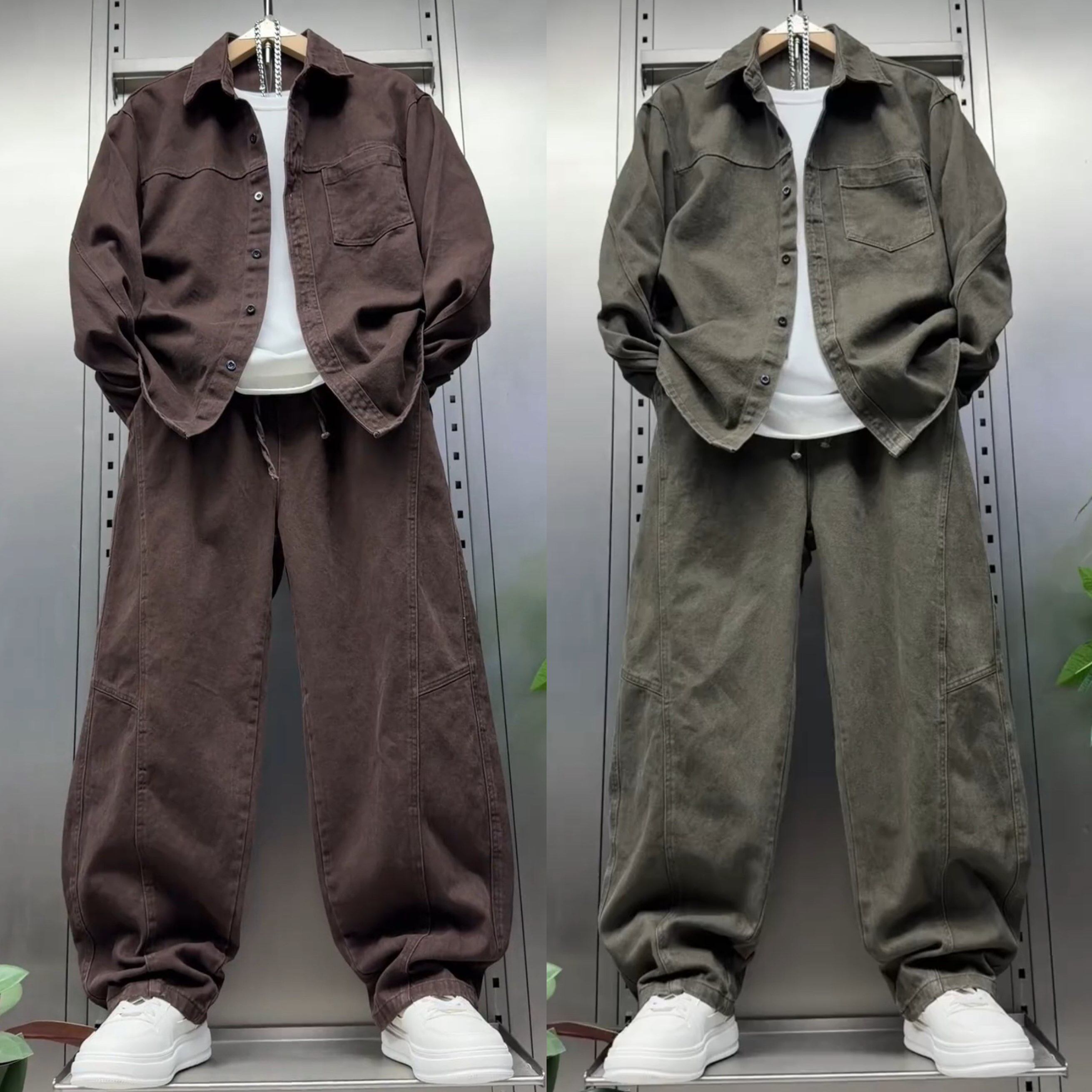 秋季新款老钱风牛仔套装男高级感时尚翻领衬衫外套长裤休闲两件套