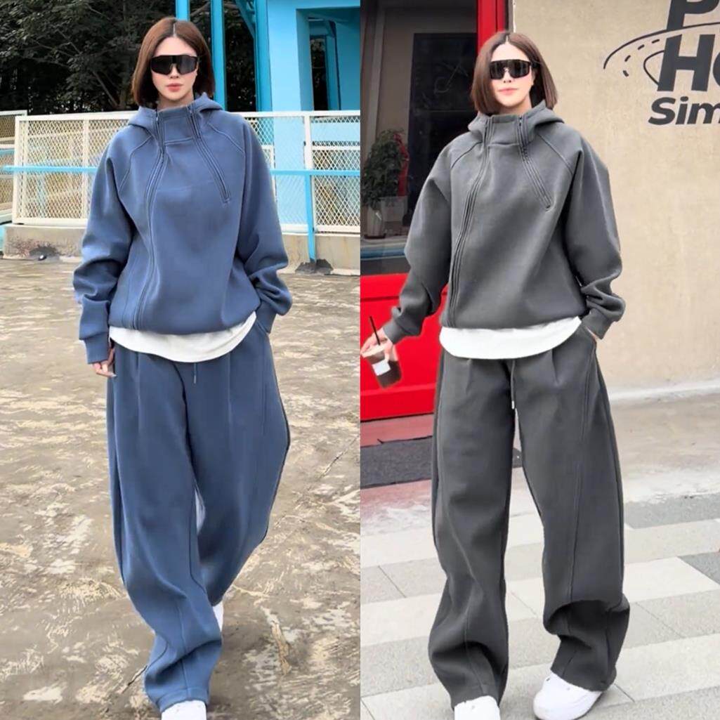 冬季加绒加厚双拉链设计休闲运动套装双面绒连帽卫衣休闲裤两件套