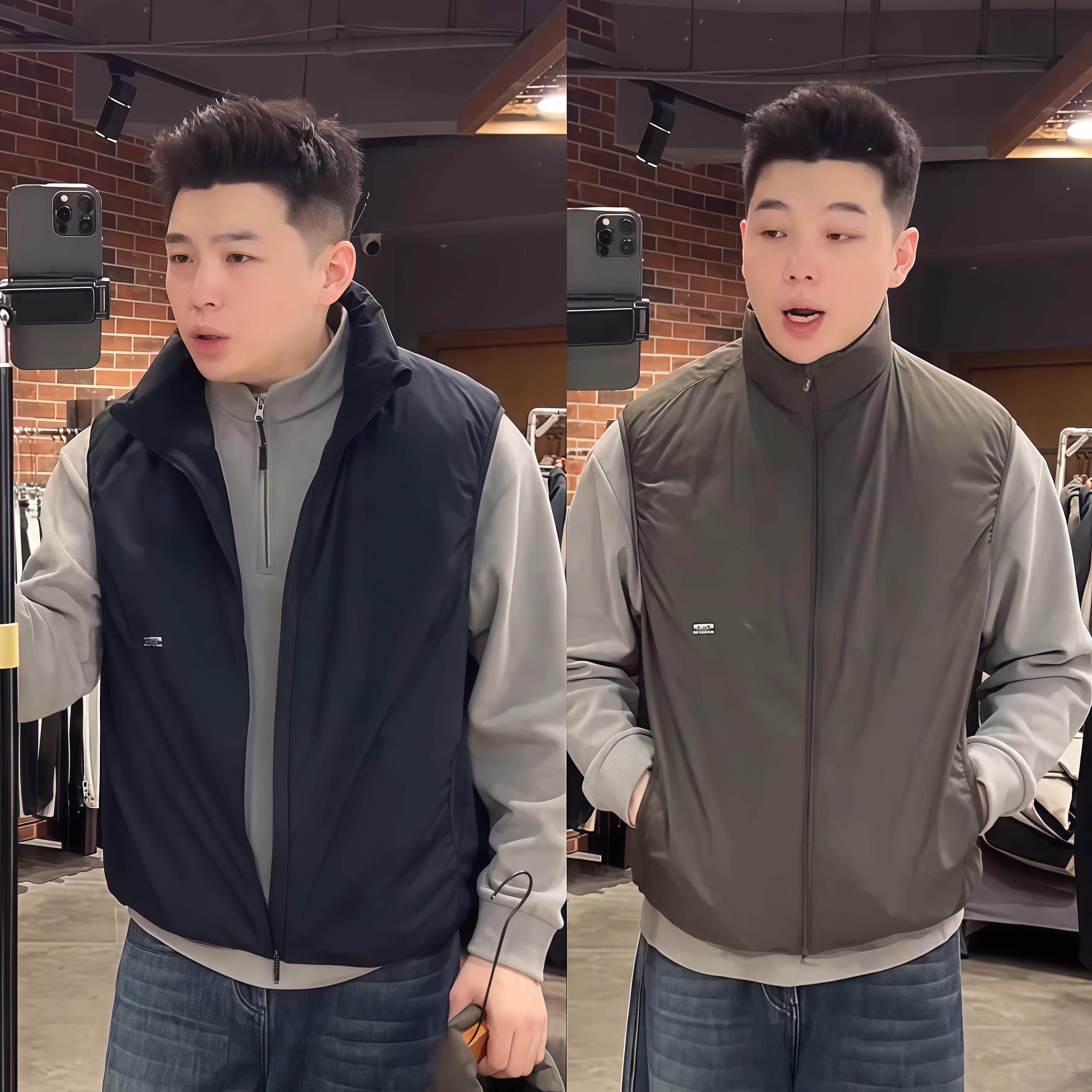 秋冬款男士户外防风立领双线格纹肌理感轻薄加棉马甲时尚坎肩上衣