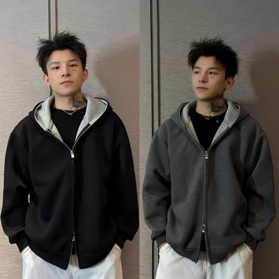 秋季新款美式重磅双拉链连帽卫衣宽松时尚休闲百搭情侣款长袖外套