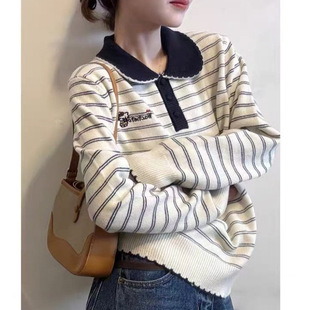 韩系POLO领撞色条纹长袖针织衫女秋季宽松慵懒小众不撞款毛衣上衣