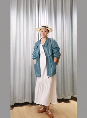2025春季新款 精品海洋蓝休闲中长款皮衣外套可收腰抽绳风衣款