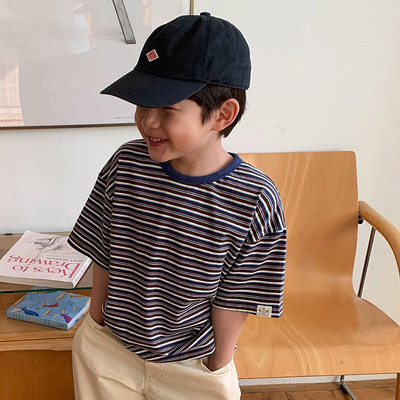 韩国童装代购2026春季新款article男女孩时尚中大童条纹短袖T恤