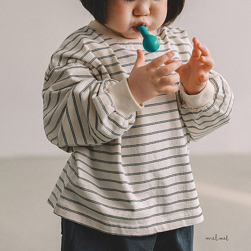 韩国童装代购2026春季新款melmel男女孩百搭儿童圆领长袖条纹T恤