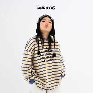韩国童装代购2025冬新款12months男女孩中大童宽松长袖条纹T恤