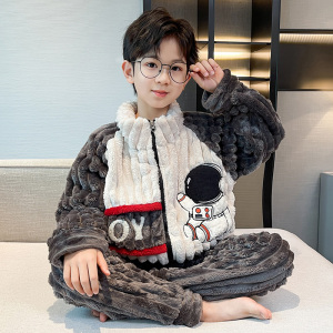儿童珊瑚绒睡衣秋冬季大男童家居服法兰绒加厚款小孩睡裤卡通套装