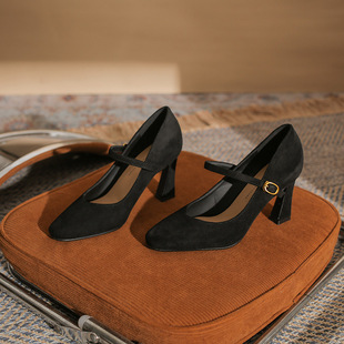黑色绑带高跟鞋日常百搭大学生粗跟方头浅口一字带玛丽珍单鞋复古