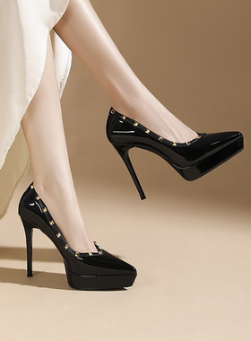 性感豹纹铆钉尖头懒人鞋高级感气质防水台黑色浅口12cm高跟单鞋女