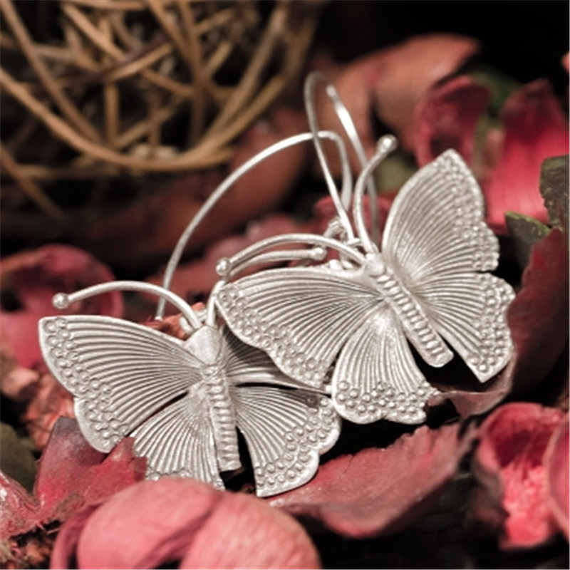 纯银耳饰品泰国清迈手工复古蝴蝶宫廷民族风做旧耳坠耳钩S925免邮