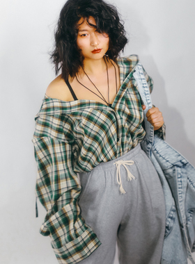 threeday两色复古连帽格子衬衫女中长款宽松格纹防晒外套春夏