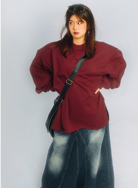 threeday复古暗酒红长袖宽松垫肩卫衣女中长款圆领纯色毛圈上衣