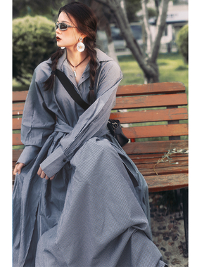 threeday复古气质灰条纹衬衫裙绑带连衣裙外套大裙摆收腰a字显瘦