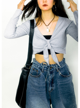 threeday复古修身短款纯色套头修身长袖衫V领前胸系带杂灰上衣