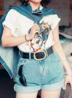 戴皇冠的猫咪 复古卡通印花纯棉t恤女短袖宽松秋冬半袖上衣好搭配