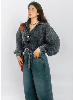 threeday复古宽松黑灰色水洗纯棉卫衣女V领大垫肩长袖外套中长款