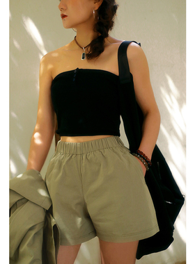 threeday桑色白茶纯棉短裤女夏阔腿松紧腰显瘦纯色运动简单休闲裤