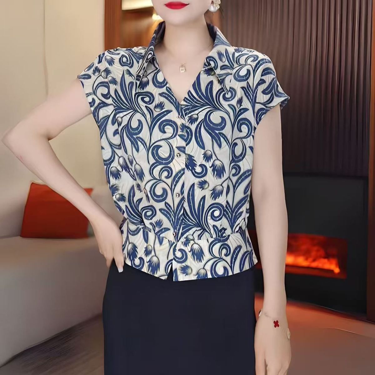 高档新款翻领轻奢气质短袖衬衫上衣女套头收腰减龄洋气小衫T恤