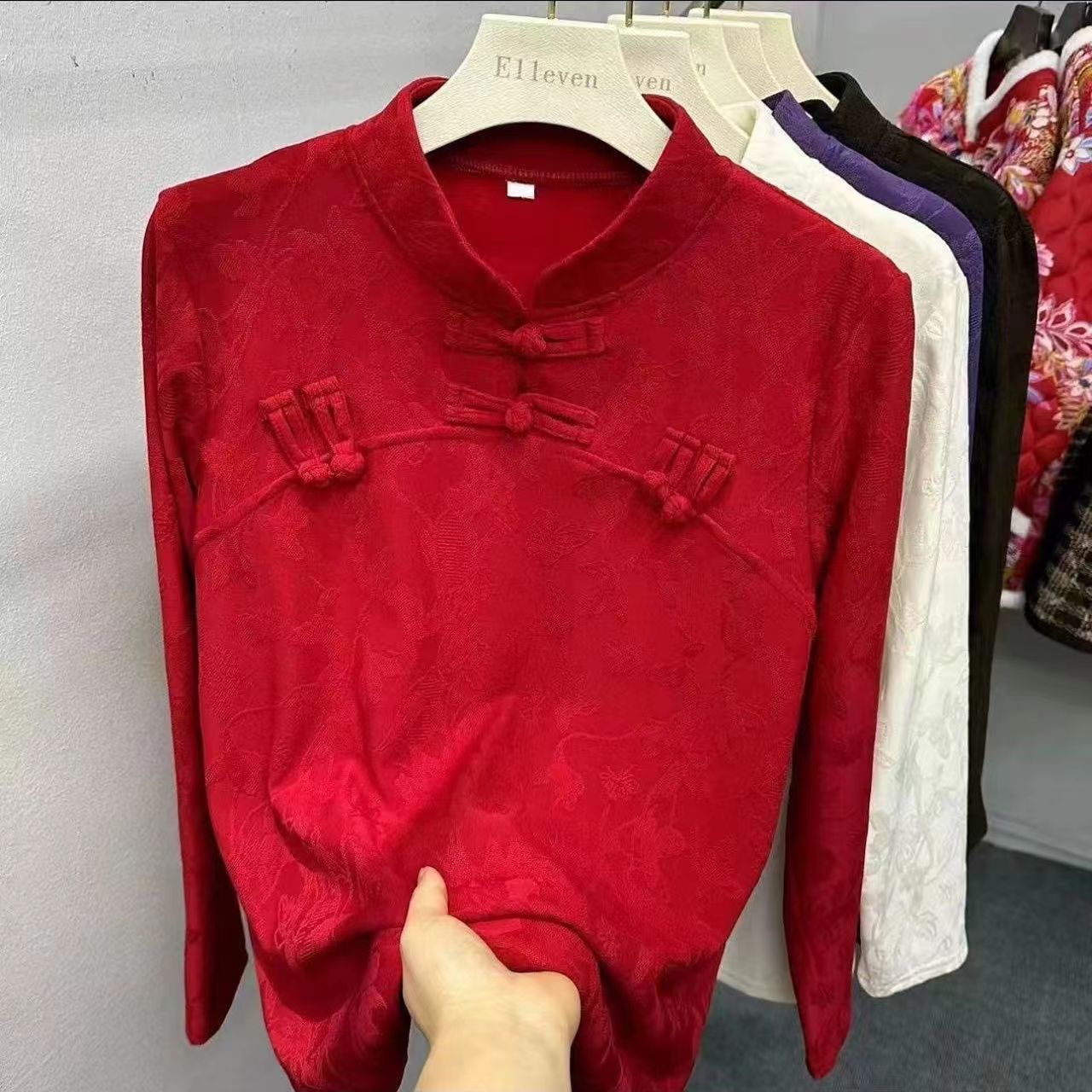 秋冬新款加绒中式国风盘扣提花长袖打底衫女修身显瘦内搭上衣潮