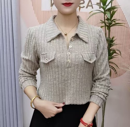 春秋新款时尚长袖衬衫女气质大码显瘦polo领百搭纯色衬衣外套上衣
