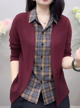 新款polo领拼色长袖衬衫洋气减龄时尚百搭显瘦打底衫宽松外套上衣