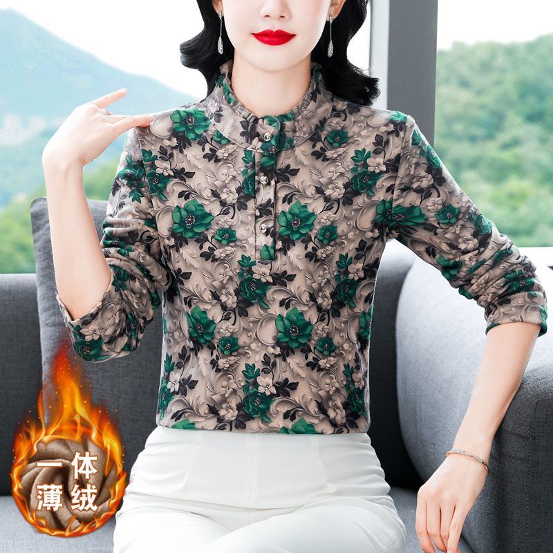 秋冬新款加绒加厚时尚纯色长袖上衣女气质妈妈内搭打底衫保暖外套