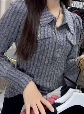 春秋季时尚设计感简约polo领女款休闲显瘦百搭遮肉打底衫大码外套