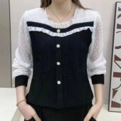 洋气打底上衣小衫 女士长袖 蕾丝衫 方领拼接时尚 打底衫 宽松遮肉显瘦