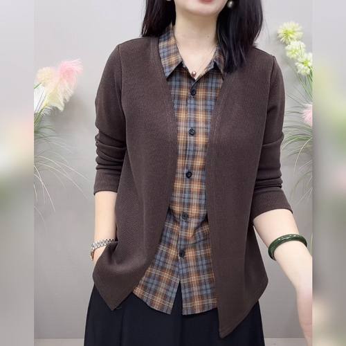 新款时尚拼色长袖衬衫polo领洋气减龄时尚百搭显瘦打底衫宽松外套