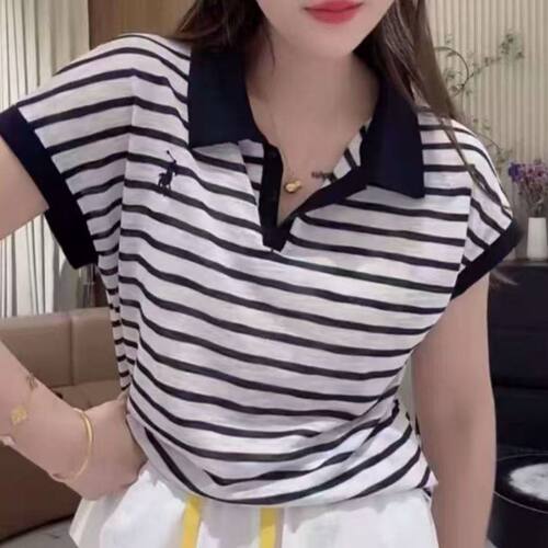 夏季新款欧货简约风时尚polo领无袖条纹T恤宽松显瘦上衣女外套