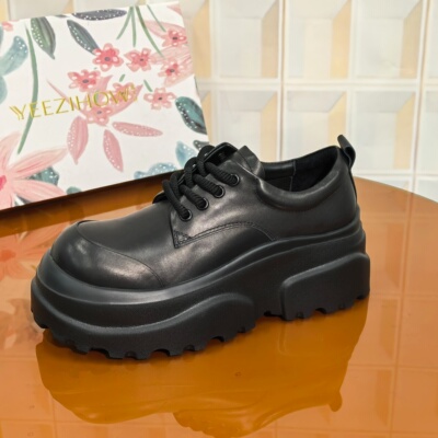 3227/5CM牛皮清仓撤柜断码处理系带增高胶粘圆头厚底复古皮鞋时尚