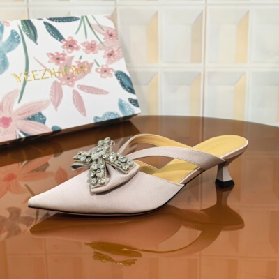 8768/3CM真丝布街头风断码撤柜清仓处理蝴蝶结女春夏凉拖春季尖头