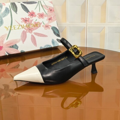 5382/4CM胎牛皮清仓撤柜断码处理系带百搭包头款气质通勤包头拖方