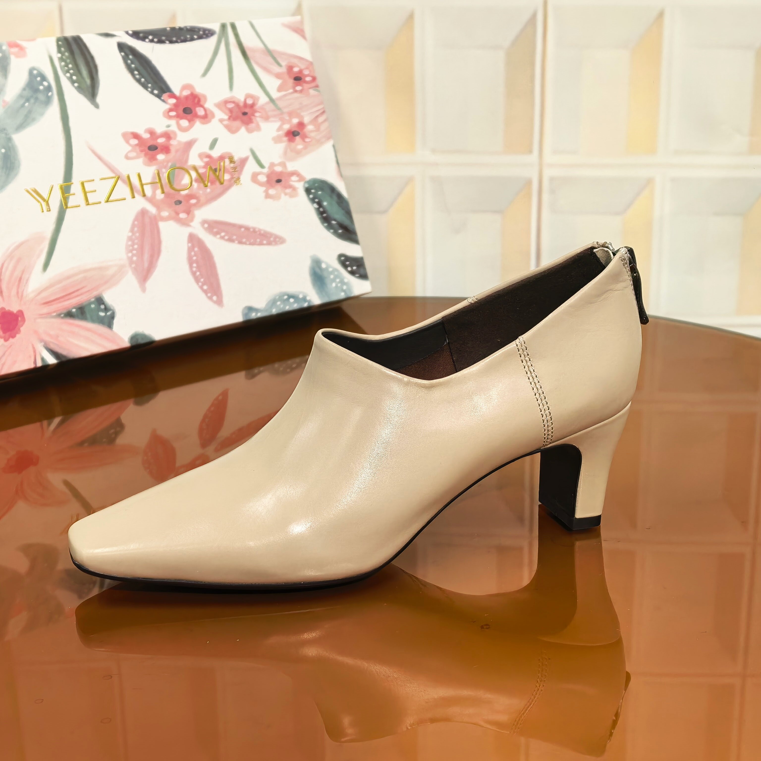 1307/3CM胎牛皮断码撤柜清仓处理套筒单鞋透气舒适高跟鞋女士尖头