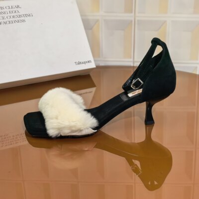 1344/5CM羊皮清仓撤柜断码处理一字式扣带女高跟鞋低帮方头女士