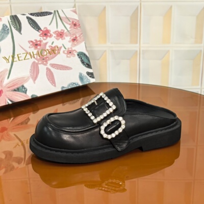 1285/3CM牛皮断码撤柜清仓处理夏季包头款英伦风马衔扣包头女拖鞋