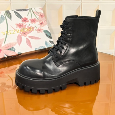 6940/5CM胎牛皮断码撤柜清仓处理短靴女厚款秋冬英伦风女筒靴防滑