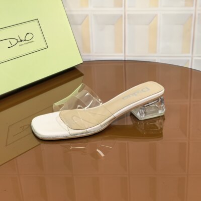 4E92/4CM透明清仓撤柜断码处理水晶一字带粗跟中跟凉拖鞋女士夏季