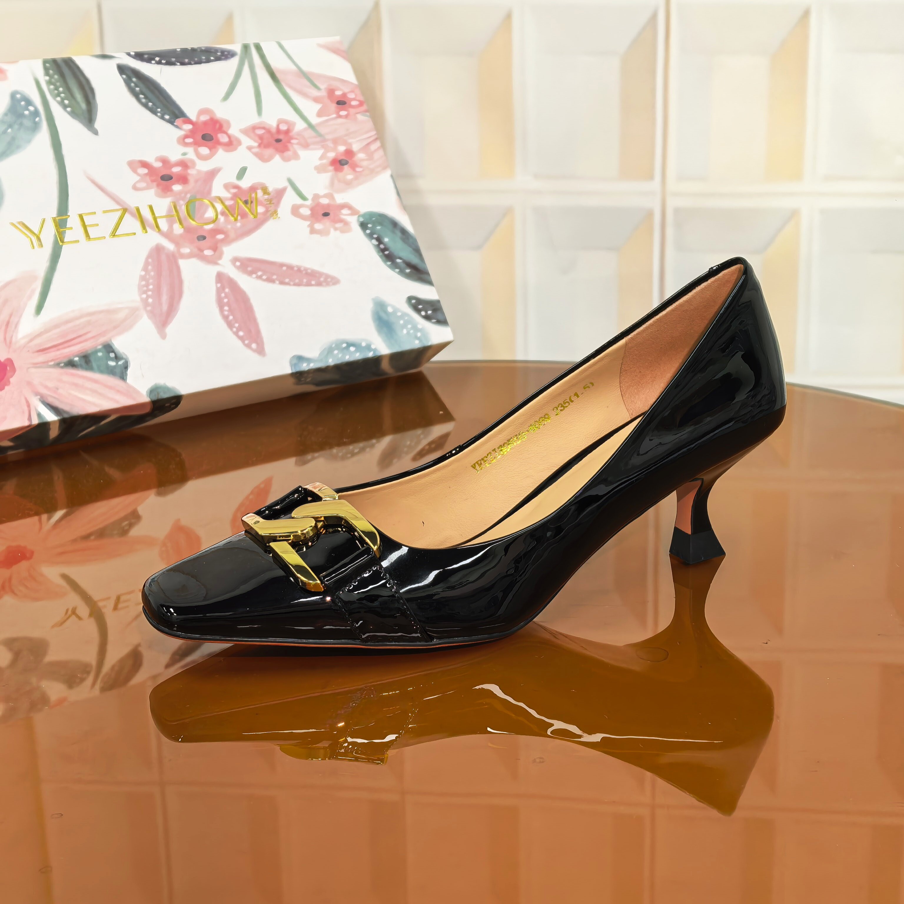 6089/3CM牛漆皮断码撤柜清仓处理套筒高跟鞋黑色女士方头细跟高跟