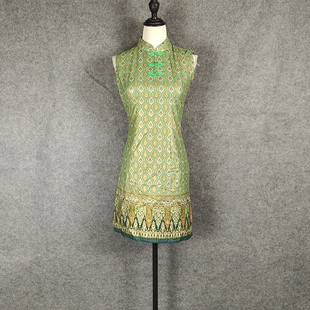 清仓处理民族风改良修身气质显瘦女泰国烫金布短款旗袍瘦人连衣裙