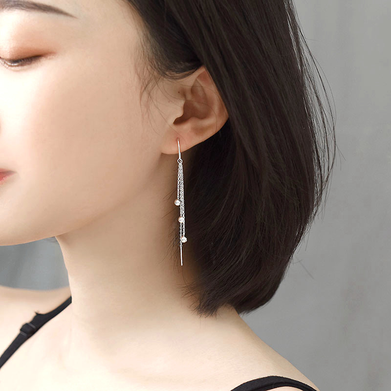 999纯银耳线女韩版长款流苏银珠耳环个性简约气质网红显瘦银耳钩