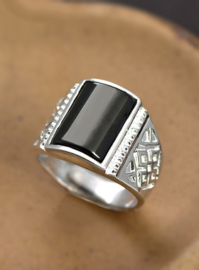 纯银戒指男方形天然黑玛瑙时尚霸气个性简约镶钻复古开口大气送礼
